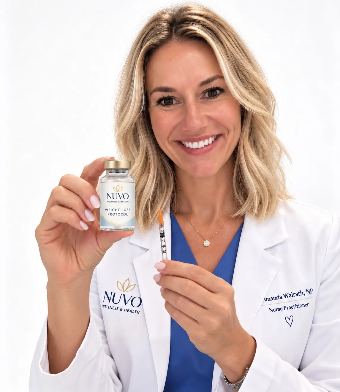 Amanda Walrath, APRN, FNP-BC, holding a Nuvo weight-loss vial