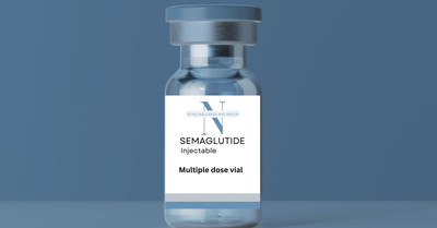 A bottle of semaglutide displayed prominently against a vibrant blue background. 