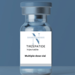 Tirzepatide  bottle positioned in front of a striking blue backdrop.