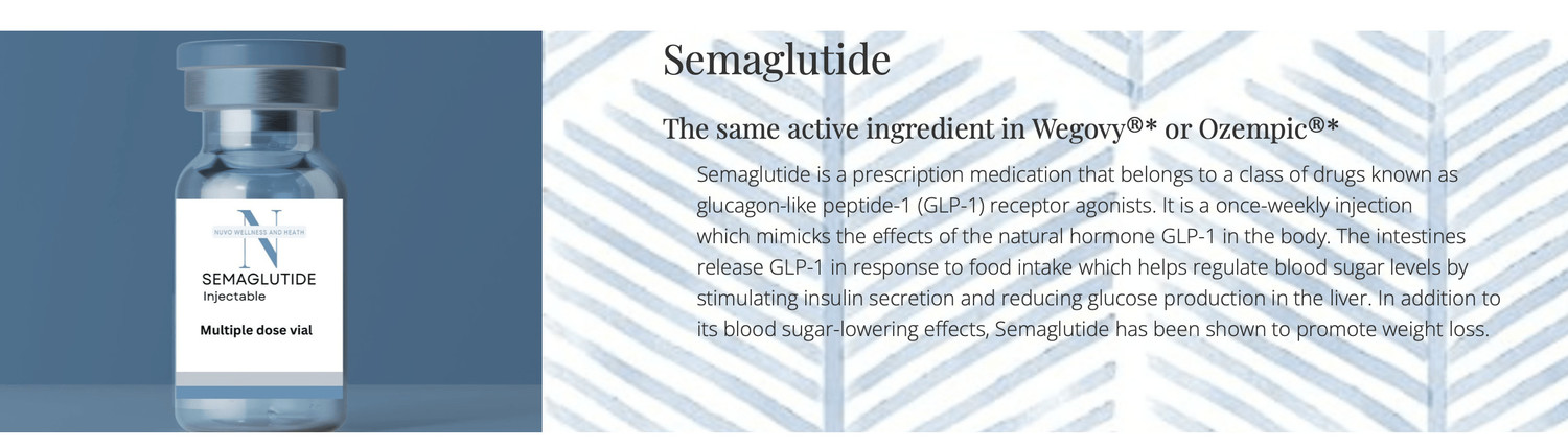 Semaglutide supplement bottle positioned in front of a striking blue backdrop.