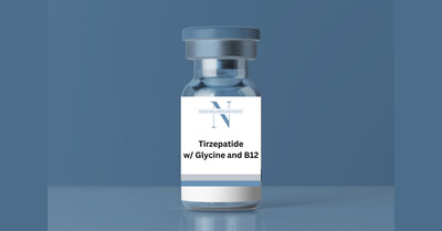 Bottle of Semaglutide displayed against a vibrant blue background, highlighting the weight loss medication.