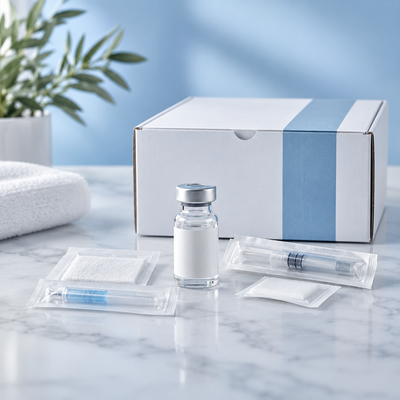 Medication vial and sterile injection supplies arranged with a shipping package on a soft blue and white background.